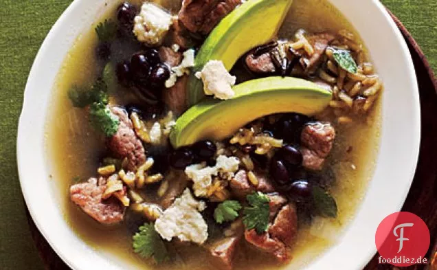 Schweinefleisch und Wildreissuppe