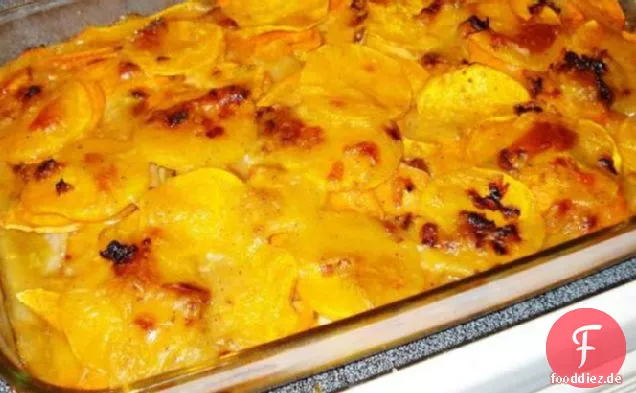 Überbackene Kartoffeln und Butternutkürbis mit Lauch