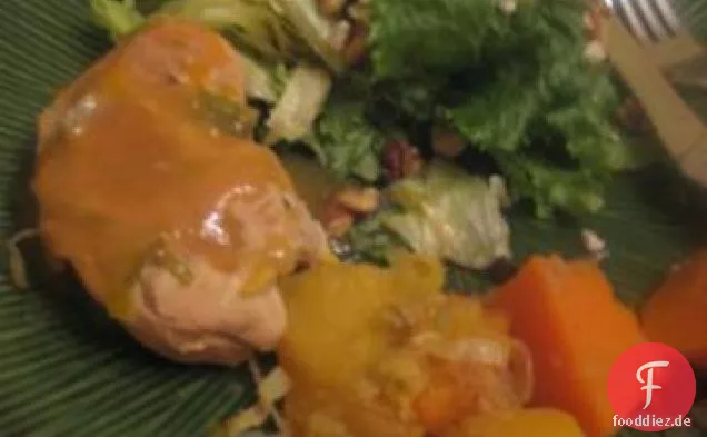 Ahorn-Orange Huhn mit Eichel Squash und Süßkartoffeln