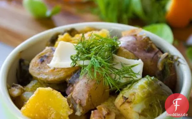 Zitrus geschmorte Rosenkohl & käsige Dillkartoffeln