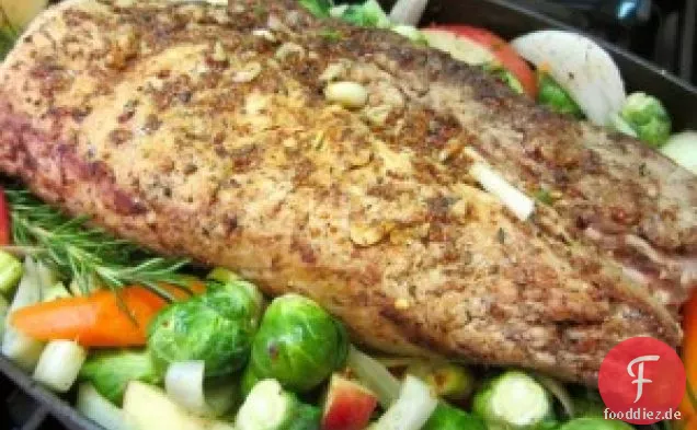 Gebratene Kräuter Schweinelende Mit Rosenkohl, Fenchel, Äpfel Ein