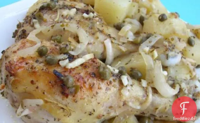 Gebratene Hähnchenschenkel nach griechischer Art, Kartoffeln und Kapern