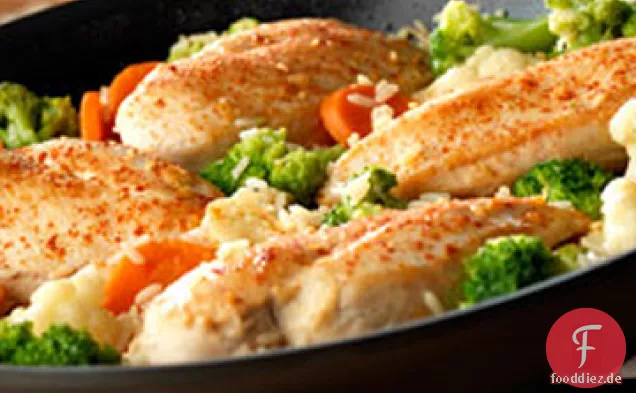 Knoblauch, Huhn, Gemüse und Reis-Pfanne