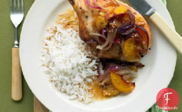 Ingwer-Huhn mit Pfirsichen und Zwiebeln