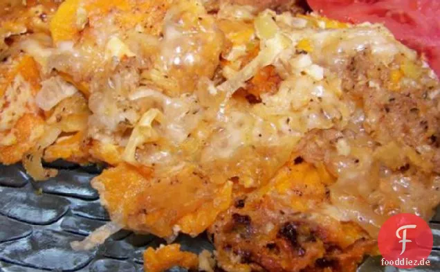 Süßkartoffel-, Käse- und Lauchkuchen