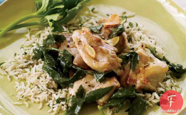 Schnelles Essig-geschmortes Huhn mit Knoblauch und Sellerieblättern
