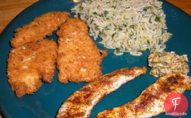 Gewürz-geriebene Hühnerfinger mit Koriander-Dip-Sauce