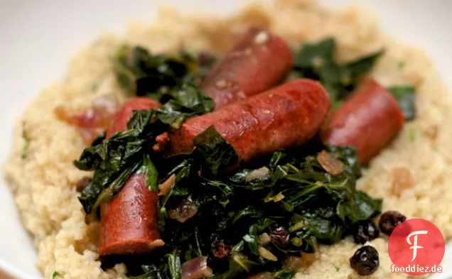 Abendessen heute Abend: Merguez Wurst mit Collards und Couscous