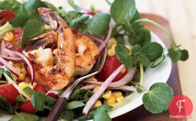 Mais-Tomatensalat mit Garnelen und Brunnenkresse