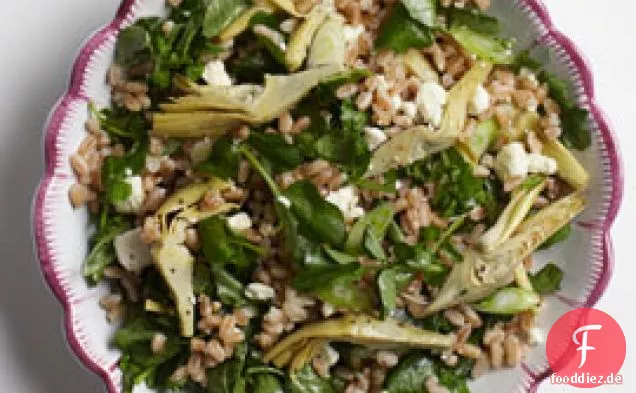 Farro-Salat mit marinierten Artischocken, Brunnenkresse und Feta
