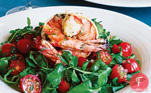 Kolossale Garnelen mit Brunnenkresse & Tomatensalat