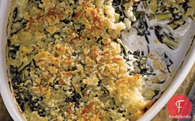 Cremiges Löwenzahngrün und Ziegenkäse-Gratin