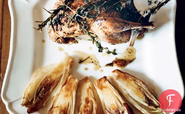 Kräutergeröstete Fasane mit Endivien und Meerrettichpüree