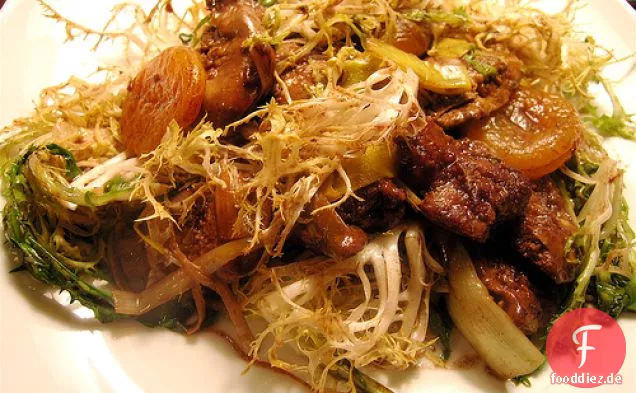 Hühnerleber mit Lauch, Balsamico-Essig und getrockneten Aprikosen