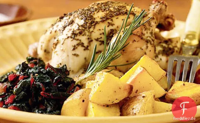 Rosmarin-Zitronen-Cornish-Hühner mit Bratkartoffeln