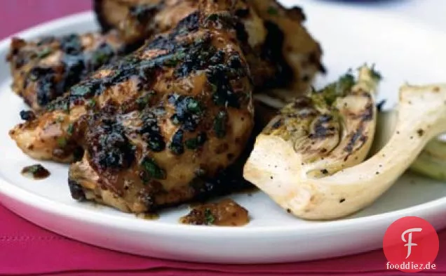 Gegrillte Cornish Hennen mit Aprikose-Senf-Glasur