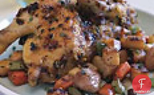 Gebratene Wildhühner mit karamellisiertem Wurzelgemüse und getrockneter Johannisbeersauce