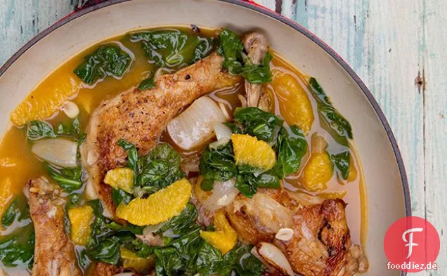 Cane Essig Huhn mit Perlzwiebeln, Orange & Spinat