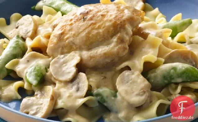 Saucy Hähnchenschenkel mit Pilzen und Erbsenschoten