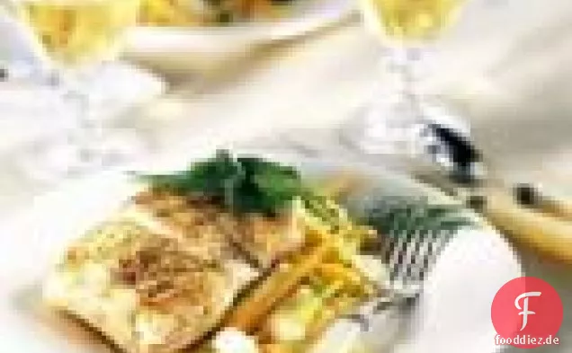 Gebratener Heilbutt mit sautiertem Babygemüse