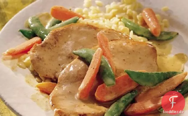 Putenkoteletts mit grünen Erbsen und Karotten