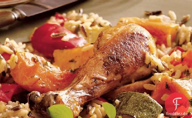 Gebackenes Huhn und Reis mit Herbstgemüse
