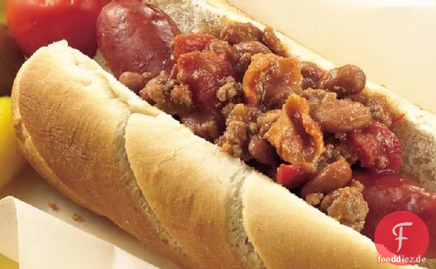 Slow-Cooker geröstete Tomaten Coney Hund Topping