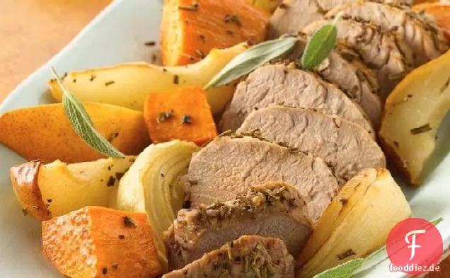 Gebratene Schweinefilet mit Süßkartoffeln und Birnen
