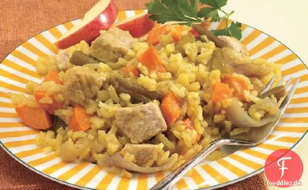 Schweinefleisch, Süßkartoffeln und Reis ernten