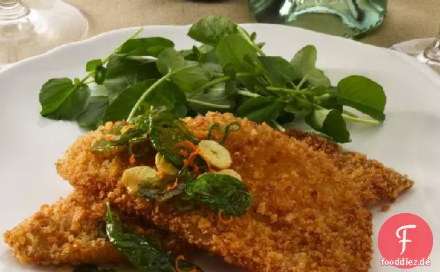 Panko Crusted Petrale Sohle mit basilikum, Knoblauch und Orange
