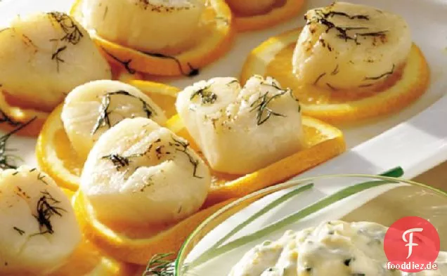 Gegrillte Jakobsmuscheln mit Orangen-Schnittlauch-Mayonnaise