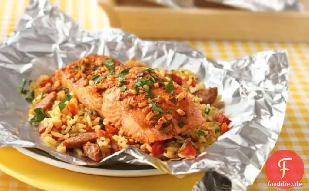 Paella-Packungen mit gegrilltem Lachs