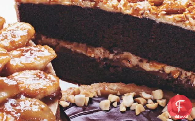 Schokoladenkuchen mit Milchschokolade-Erdnussbutter Zuckerguss und Erdnussbutter spröde