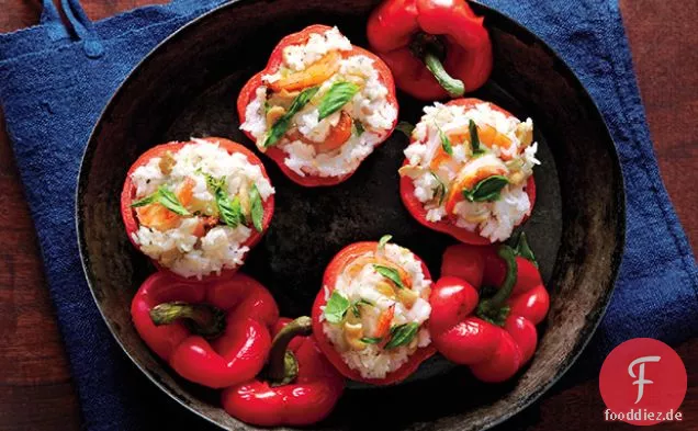Paprika mit Garnelen und Kokosreis