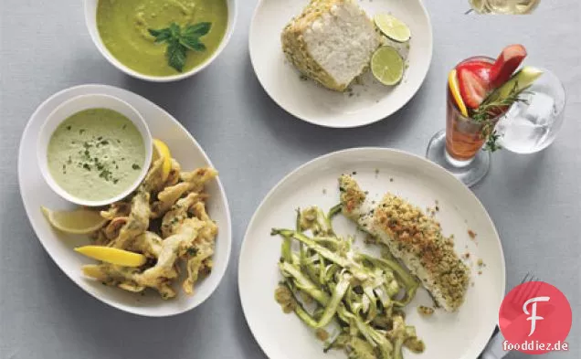 Langsam gerösteter Heilbutt mit rasiertem Spargel und Fenchelsalat