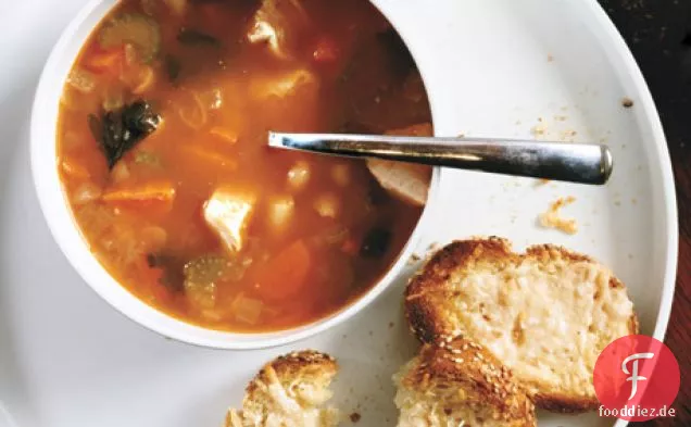 Huhn und weiße Bohnensuppe mit Kräuterwirbel