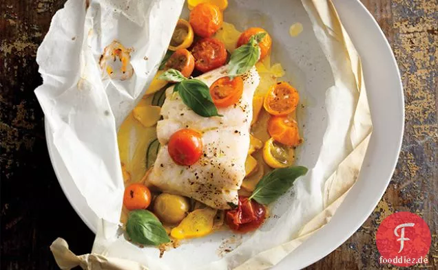 Fischfilets mit Tomaten, Kürbis und Basilikum