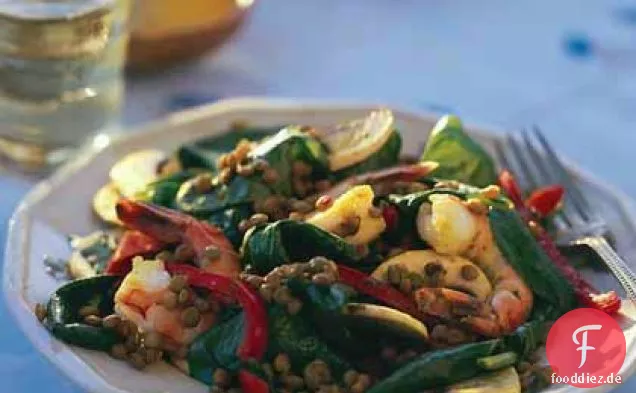 Curry-Linsen-Spinat-Salat mit Garnelen
