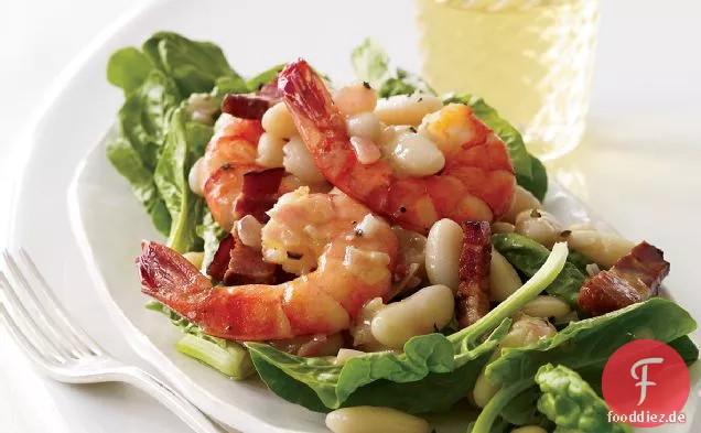 Warmer Spinatsalat mit Cannellinibohnen und Garnelen