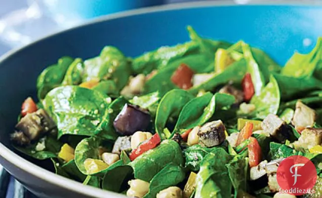 Warmer Kichererbsen-, Paprika- und Spinatsalat mit Harissa