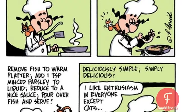 Die Cartoon-Küche: Fisch, Lauch und Pilze
