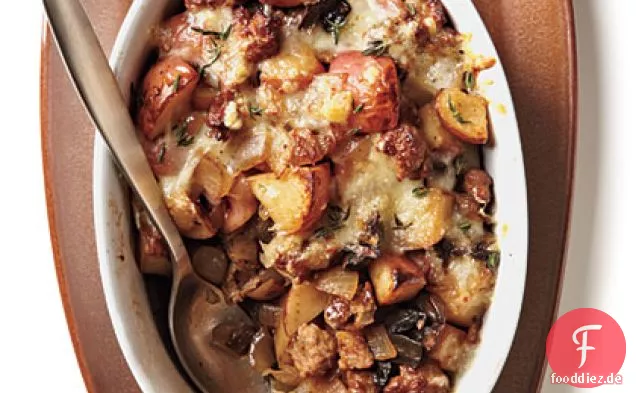 Putenwurst, Pilze und Kartoffelgratin
