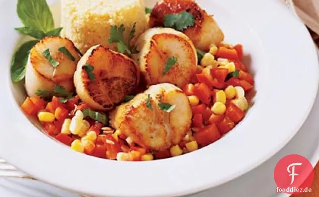 Schnelle Jakobsmuscheln mit Paprika und Mais