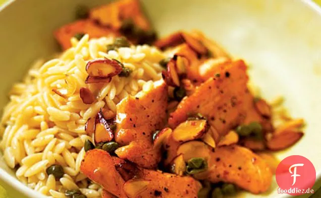 Lachs-Jakobsmuschel mit Mandel-Orzo
