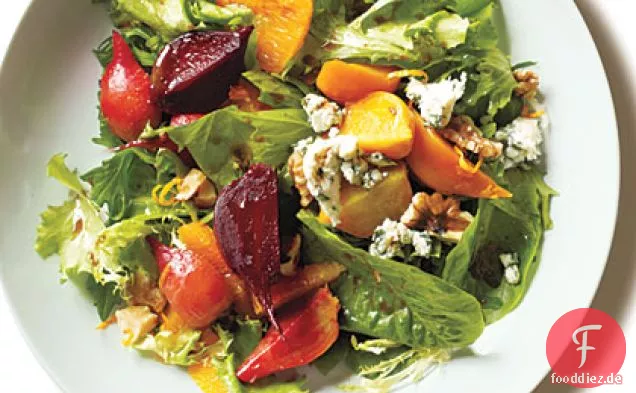 Gebratene Babyrüben und Blutorangensalat mit Blauschimmelkäse