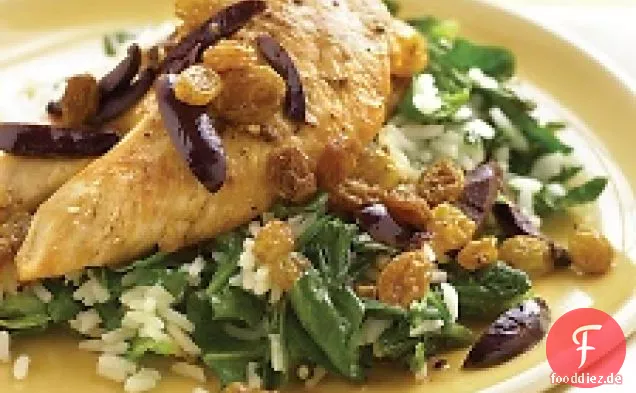 Huhn mit Oliven, Rosinen und Spinatreis