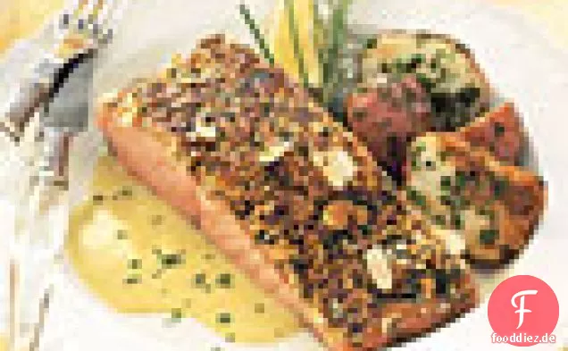 Mandel-Kruste Lachs mit Lauch und Zitronen-Creme