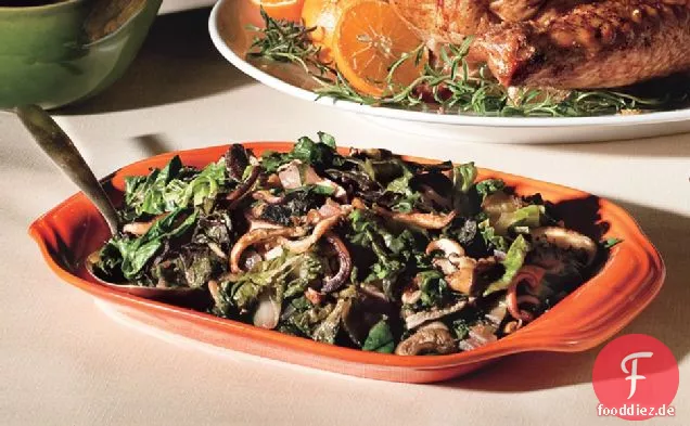 Sauté von Wintergrüns und Shiitake-Pilzen