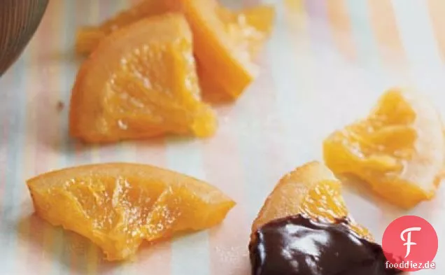 Kandierte orangenscheiben mit Ganache-DIP-Sauce