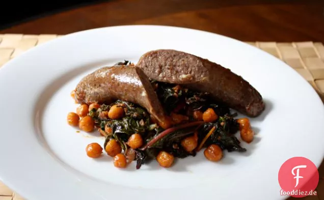 Abendessen heute Abend: Gebratene Kichererbsen und Lammwurst mit Mangold